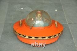 Vintage Orange Round/Disc Shape Space Ship Battery Litho Tin Toy, Japan