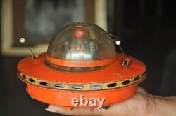 Vintage Orange Round/Disc Shape Space Ship Battery Litho Tin Toy, Japan