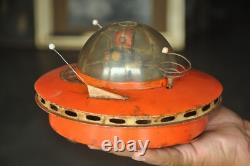 Vintage Orange Round/Disc Shape Space Ship Battery Litho Tin Toy, Japan