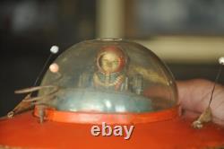 Vintage Orange Round/Disc Shape Space Ship Battery Litho Tin Toy, Japan