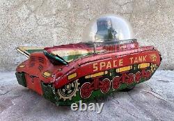 Vintage Rare Friction Power Fire Sparkling VTI Space Tank Litho Tin Toy Japan