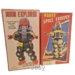 Vintage Rare Tin Robot Toy Space Trooper & Moon Explorer Set of 2, Good Used
