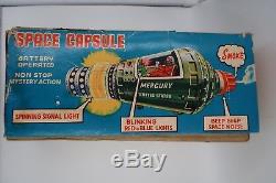 Vintage S-H Horikawa NASA Space Capsule Green Tin Battery Toy With Box