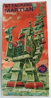 Vintage SILVER Horikawa Attacking Martian + Box Space Robot Japan 1960s Tin Toy
