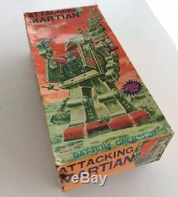 Vintage SILVER Horikawa Attacking Martian + Box Space Robot Japan 1960s Tin Toy