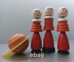 Vintage Set Of USSR Space Age Wooden Dolls Spacemen Pyramids Toys