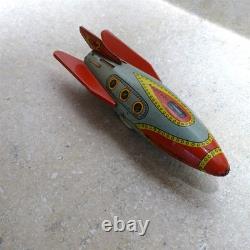 Vintage Tin Litho Masudaya X-2 Space Rocket, Friction Toy, 7.5