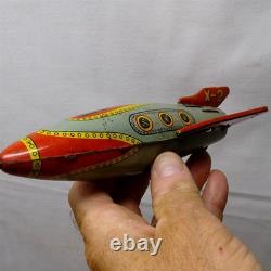 Vintage Tin Litho Masudaya X-2 Space Rocket, Friction Toy, 7.5