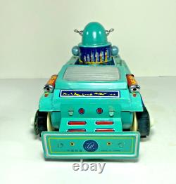 Vintage Tin Litho Space Tank Battery Operated Gyro Action Toy with Box Works