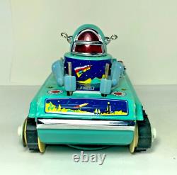 Vintage Tin Litho Space Tank Battery Operated Gyro Action Toy with Box Works