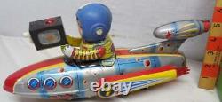 Vintage Tin Litho Space Toy Rocket Ship Boy Pilot Holding Video Movie Camera