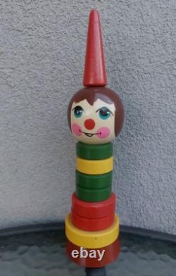 Vintage USSR Space Age Wooden Doll Funny Clown Pyramids Toy