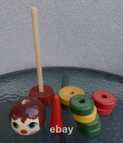 Vintage USSR Space Age Wooden Doll Funny Clown Pyramids Toy