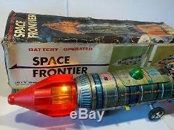Vintage YOSHINO Battery Operated SPACE FRONTIER Apollo Rocket Japan Tin Toy Box