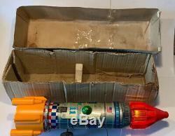 Vintage YOSHINO Battery Operated SPACE FRONTIER Apollo Rocket Japan Tin Toy Box