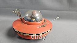 Vintage Yoshiya Flying Saucer With Space Pilot Tin Litho Toy Tested Working