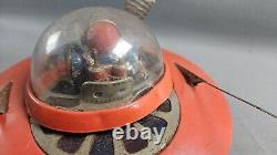 Vintage Yoshiya Flying Saucer With Space Pilot Tin Litho Toy Tested Working