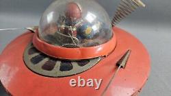 Vintage Yoshiya Flying Saucer With Space Pilot Tin Litho Toy Tested Working