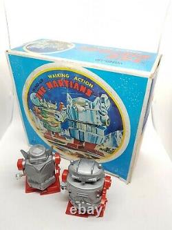 Vintage walking wind up Martians robot toys old shop display rare space age mib