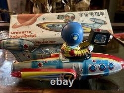 Vintage working Tin Litho/box ME777 Televiboat Space Toy. Made In China 1970s