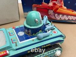 WORKS SEE BATTERY OPERATED SPACE TANK SPACE TOY TIN LITHO IN ORIGINAL BOX 1960s