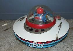 Yoshiya Japan SKY PATROL FLYING SAUCER Vintage Tin Battery Operated Toy 1960's